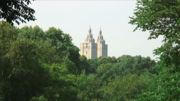 Distant Shot Two Tower Buildings New York Trees — Stock Video