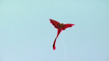 Geniş shot kırmızı uçurtma yüksekten Bali havada uçuyor.
