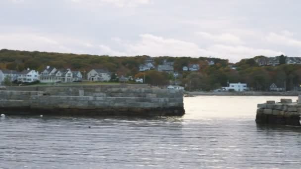 Pan Calm Harbor Dusk Massachusetts Sailboat Its Mooring Homes Hillside — Stock Video