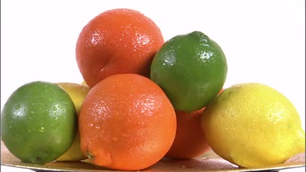 Frutos Cítricos Sortidos Uma Chapa Giratória Uma Tela Branca — Vídeo de Stock