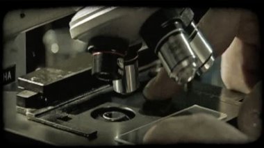 Yeşil sıvı damla ile plastik muayene plaka üzerinde konumlandırma mikroskop altında ve Doğrusunu bulmak için objektifler farklı boyutları arasında hareketli el kapatın. Vintage stilize video klip.