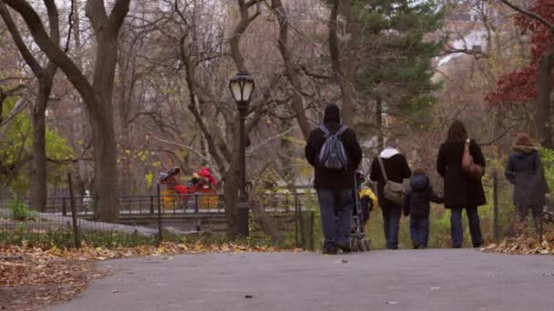 ニューヨーク市の公園の小道を歩いている家族のショット 家族は背中を向けてカメラから離れて歩いている — ストック動画