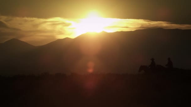 Siluetu Kovboje Koni Při Západu Slunce Kopání Prachu Zastřelen Pomalém — Stock video