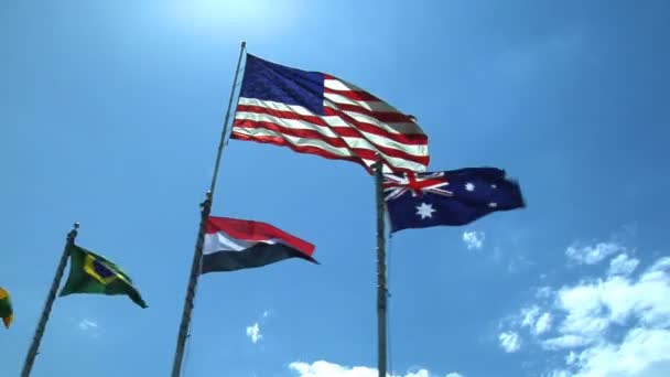 Amerikai Más Országok Zászlók Repülni Egy Napsütötte Tiszta Kék Sovány — Stock videók