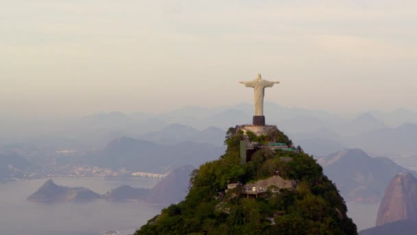 Aerial Tracking Footage Christ Redentor Statue Stands Corcovado Mountain Overlooking — Stock Video