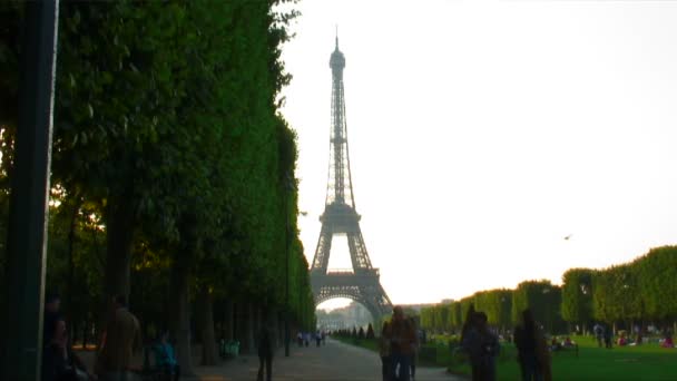 Wieża Eiffla Champ Mars Trawnik Pełne Ludzi Pokryte Drzewami Paris — Wideo stockowe