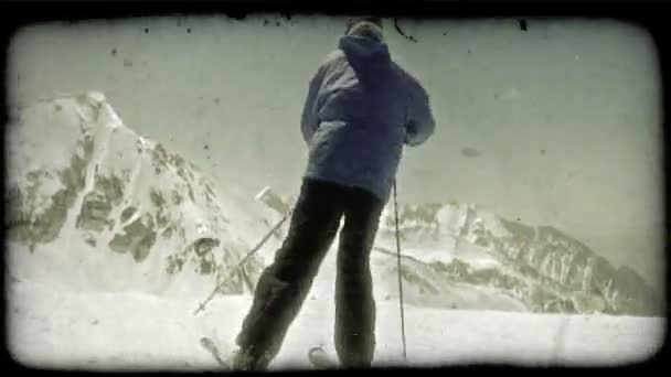 Esquiador Pelas Costas Como Ele Ela Vestindo Equipamento Azul Preto — Vídeo de Stock
