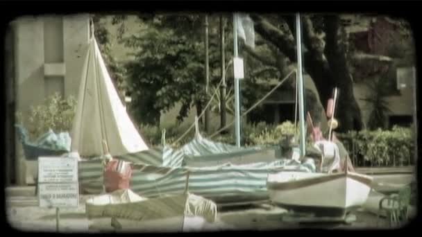 Several Boats Sitting Italian Beach Vintage Stylized Video Clip — Stock Video