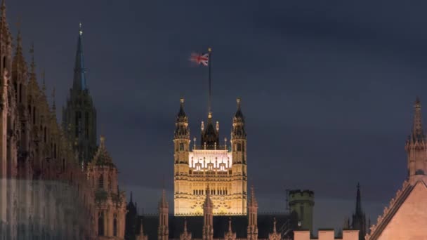 Lapso Tiempo Torre Victoria Palacio Westminster Filmado Por Noche Londres — Vídeo de stock