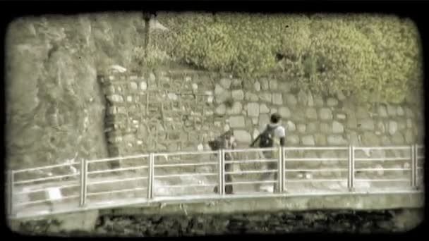 Mensen Lopen Een Loopbrug Naast Oceaan Vintage Gestileerde Videoclip — Stockvideo
