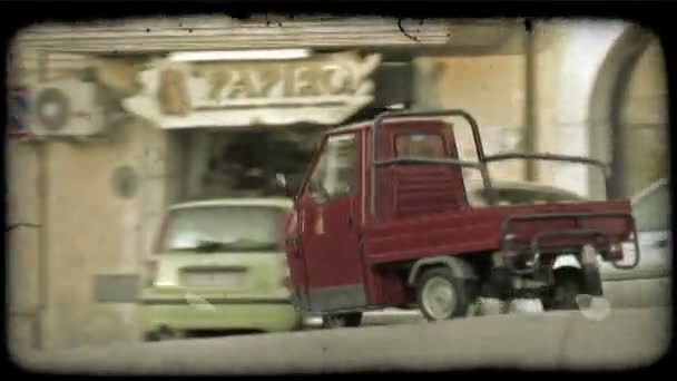 Shot Small Red Truck Driving Road Vintage Stylized Video Clip — Stock Video