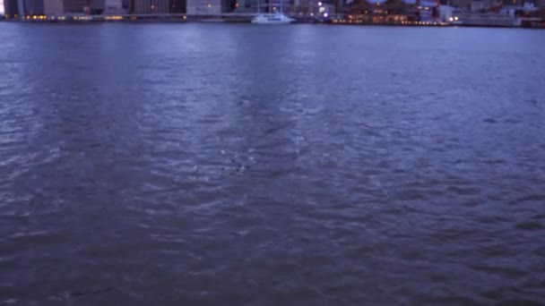 ニューヨークの波打つハドソン川と都市景観の傾斜ショット — ストック動画