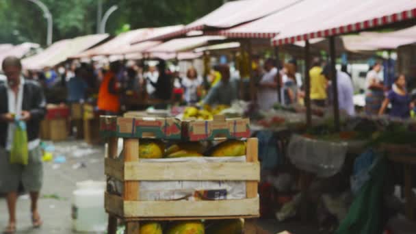 リオデジャネイロ ブラジル 2013年6月23日 ブラジルのリオデジャネイロの市場の真ん中で果物の箱のスローモーションショット 人々が通り過ぎるのを見られる — ストック動画