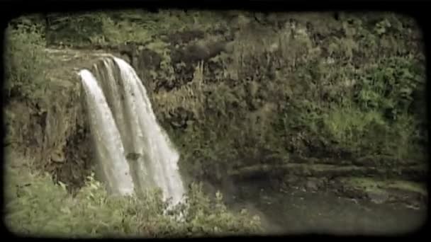 美丽的 Magestic 瀑布抚摩入湖旁悬崖壁岩石悬崖覆盖着灌木丛 复古风格化视频剪辑 — 图库视频影像