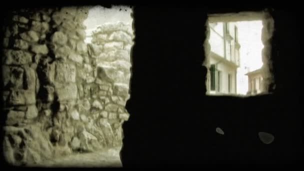 Двоє Чоловіків Вийшли Темної Кімнати Піднялися Кілька Сусідніх Сходинок Вінтажний — стокове відео