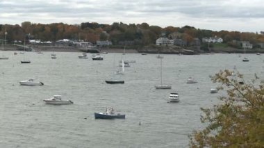 Teknelerden ve dağınık moorings Marblehead Harbor Massachusetts, motorbot.