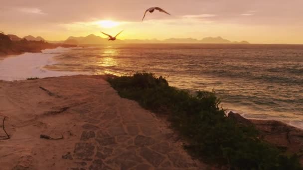 Câmera Move Longo Caminho Pedra Com Sol Nascendo Sobre Praia — Vídeo de Stock