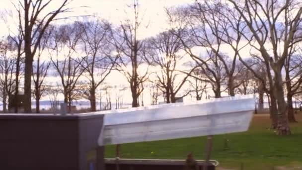 ニューヨーク市の木々と公園のドリーショット 空は曇りで青い — ストック動画