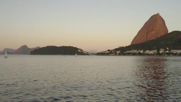 Static Shot Rio Guanabara Bay Highrises Sugarloaf Mountain Distance — Stock Video