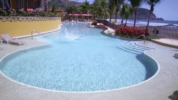 一个男人在框架左侧的游泳池里奔跑和潜入游泳池 在水下游泳 远离相机 背景是棕榈树和远处的海滩 — 图库视频影像