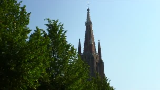 Kerk Steeple Gezien Achter Bomen Brugge België — Stockvideo