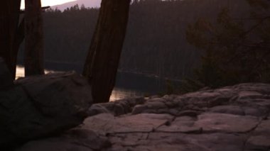 Ön planda ağaç gövdeleri ve kaya ile Tahoe Gölü statik çekim. Emerald Bay State Park, Lake Tahoe, Kaliforniya'da vuruldu.