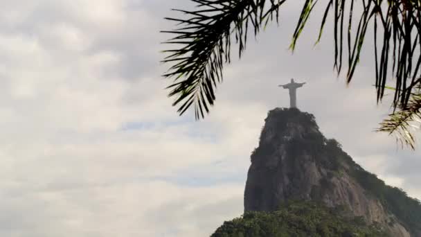 リオデジャネイロ ブラジル 2013年6月 曇り空に対してコルコバドの上にキリストのレデンター像のパン ヤシの木がショットを前に出す インリオ ジャネイロ ブラジル — ストック動画