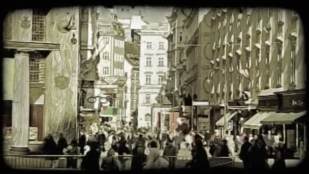 Shot People Walking Vienna Street Lined Shops Vintage Stylized Video — Stock Video