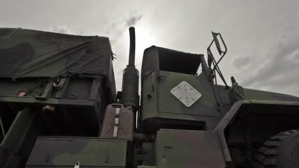 Dollying Time Lapse Covered Military Convoy Truck Filmed Training Green — Vídeo de stock