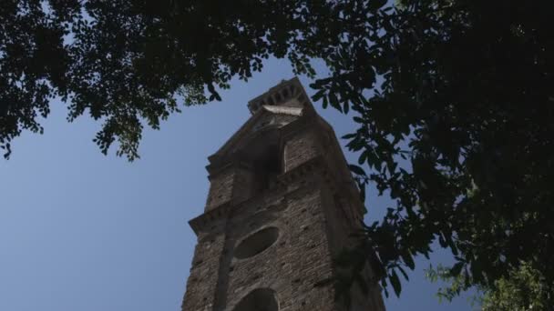 Geniş Planda Ağaç Dalları Ile Üssünden Arayan Eski Kulenin Shot — Stok video