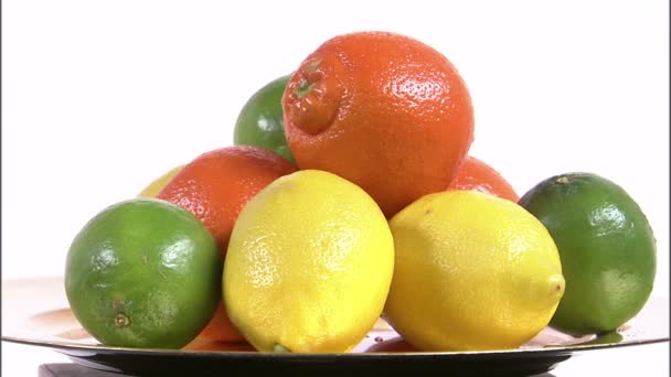 白い画面の回転プレートの盛り合わせの柑橘系の果物 — ストック動画