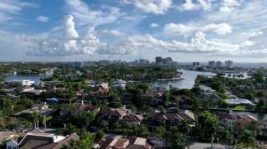 Aerial view over Fort Lauderdale Florida viewing the houses throughout the waterway.