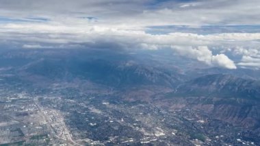 View from airplane as it flies over Utah Valley viewing Provo and Orem City.