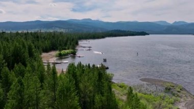 Aerial view of boat docks at Hebgen Lake Montana during the summer.