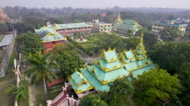 Nepalese Theravad Monastery in Lumbini Sanskritik, Nepal from aerial view.