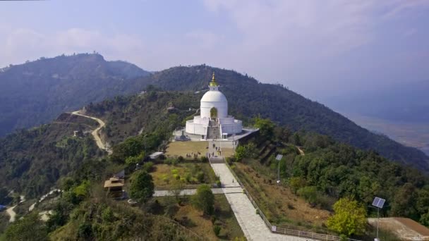 Flying World Peace Pagoda Hilltop Pokhara Nepal — Stock video