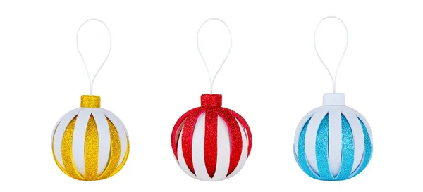 Decoraciones Navideñas Tres Hermosas Bolas Con Ornamento Rayas — Foto de Stock