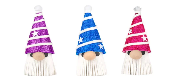 Trois Gnomes Drôles Dans Des Chapeaux Lumineux Décorés Avec Des — Photo