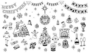 İzole edilmiş Noel ve Yeni Yıl elementleri, stilize edilmiş el çizimleri.
