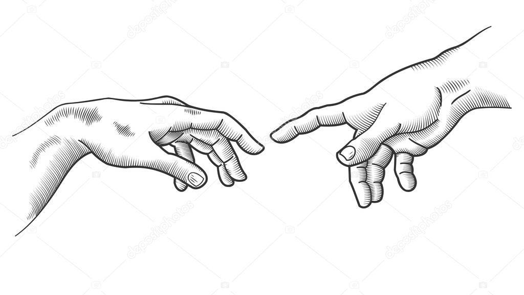 The Creation of Adam, fragment. Engraving style. A section of Michelangelos fresco Sistine Chapel ceiling painted. Vector illustration