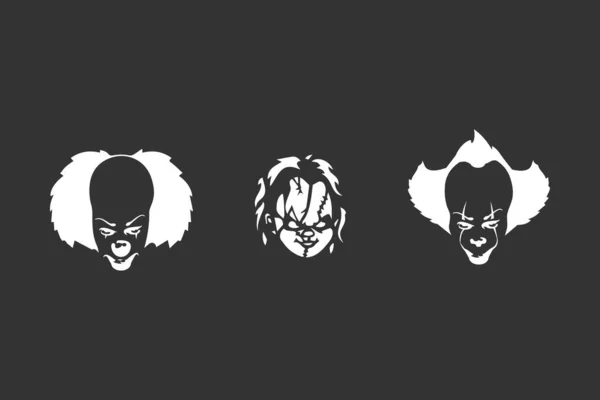Graphic face of a clown and a doll. The title character and antagonist of a horror movie. Silhouette, stencil. — Wektor stockowy