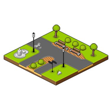 Ağaçlı, patikalı, kaldırımlı ve sokak fenerli pikselli izometrik park. Modern tarz. Vektör illüstrasyonu