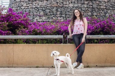 Güzel beyaz Latin kız, gözlüklü ve bukleli, güzel mor bir çiçek bahçesinin yanında beyaz kaniş köpeğiyle parkta yürürken, yaşam tarzı konsepti.