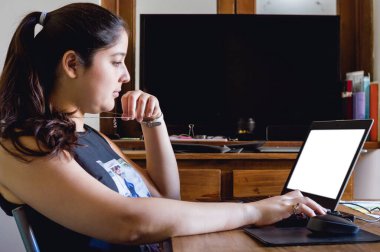 Beyaz bir kadının evinde oturup bilgisayarındaki verileri ve istatistikleri analiz etmesi, kadın girişimci konsepti, yer kopyalaması...