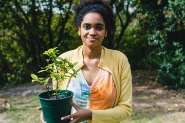 Afro saçlı genç bir kızın portresi tarladaki kameraya bakıyor. Dünyaya nakil için saksıda bir bitki tutuyor. Paraguay zambağı yerleştirecek bir kız..
