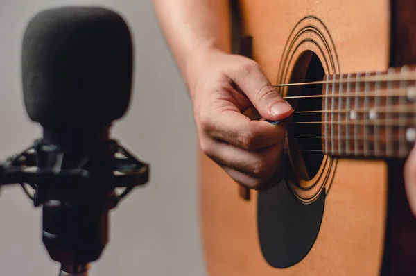 Unrecognizable Caucasian Man Recording Music Acoustic Guitar Condenser Microphone Blurred — Fotografia de Stock