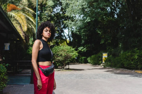 Portrait Young Brunette Girl Afro Dressed Red Black Fanny Pack — Foto Stock