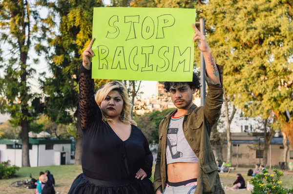 Young Size Woman Homosexual Man Outdoors Public Park Protesting Holding — Stock Photo, Image