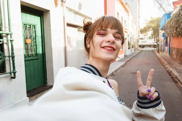 Selfie Portrait Young Latin Caucasian Transgender Woman Standing Street Buenos — 스톡 사진