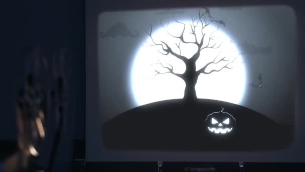Сцена Тему Популярного Праздника Хэллоуин Летучими Мышами Луна Тыквы — стоковое видео